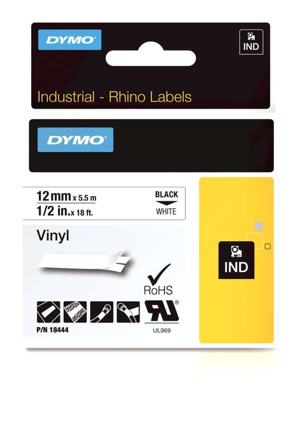 DYMO Rhino S0718600 (18444) - картридж с виниловой лентой (белая), 12 мм x 5,5 м (5 штук в упаковке)