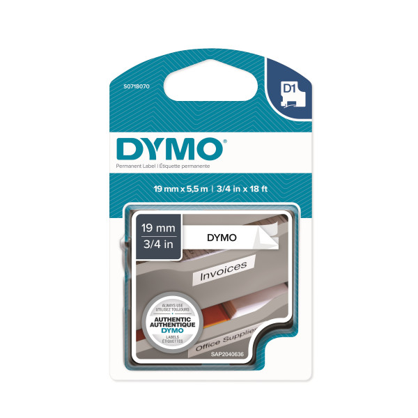 DYMO S0718070 - картридж D1 с пластиковой лентой с перманентным клеем (белая), 19 мм х 5,5 м (5 штук в упаковке)