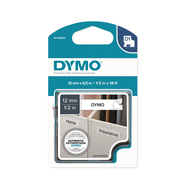 DYMO S0718060 - картридж D1 с пластиковой лентой с перманентным клеем (белая), 12 мм х 5,5 м (5 штук в упаковке)