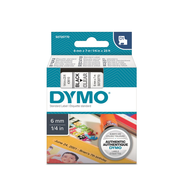 DYMO S0720770 - картридж D1 с лентой (прозрачная), 6 мм х 7 м (5 штук в упаковке)