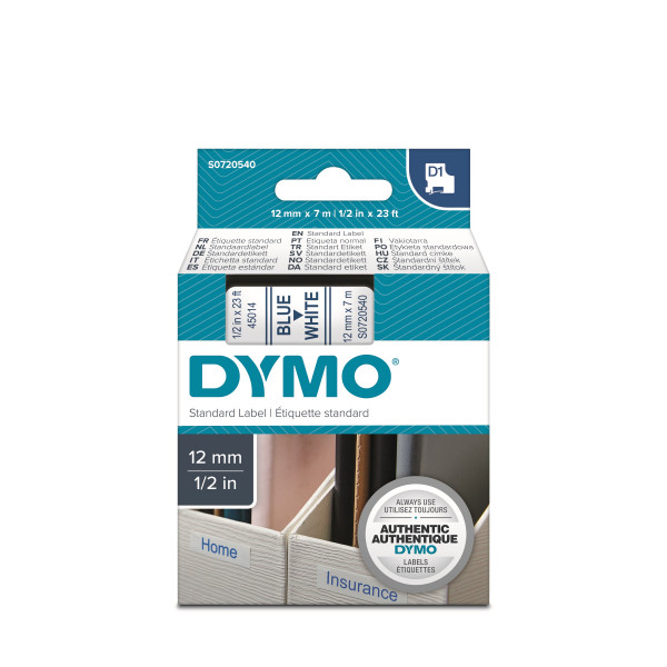 DYMO S0720540 - картридж D1 с лентой (белая), шрифт голубой, 12 мм х 7 м (5 штук в упаковке)