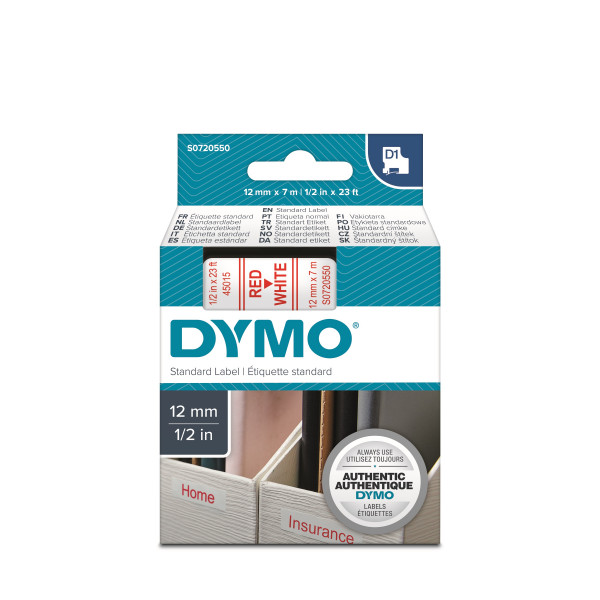 DYMO S0720550 - картридж D1 с лентой (белая), шрифт красный, 12 мм х 7 м (5 штук в упаковке)