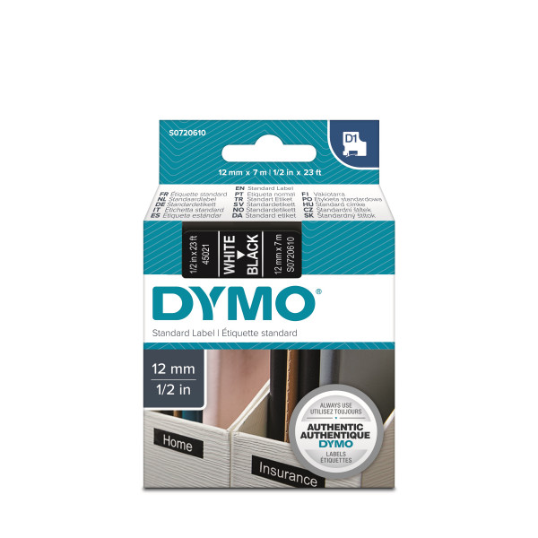 DYMO S0720610 - картридж D1 с лентой (черная), шрифт белый, 12 мм х 7 м (5 штук в упаковке)